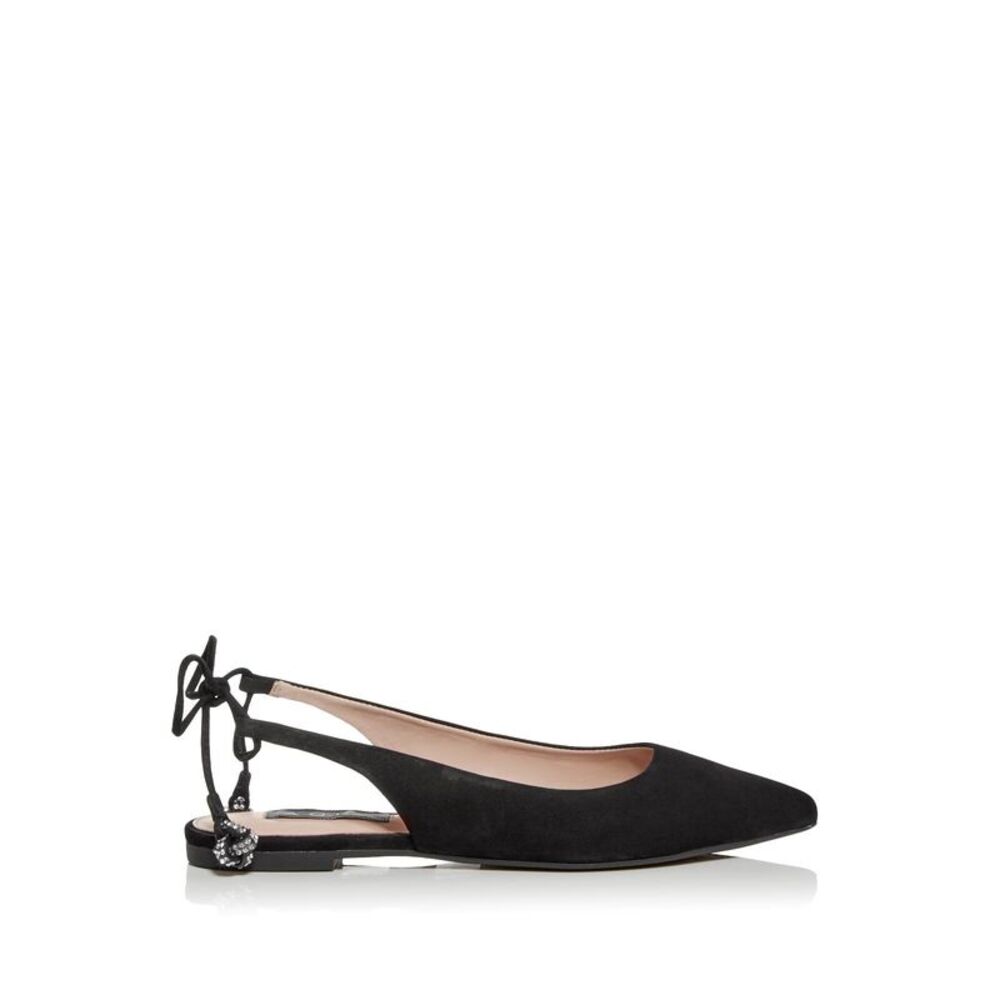 AQUA Womens Black Rhinestone Padded Pointed Toe Lace-Up Leather Ballet Flats 6.5